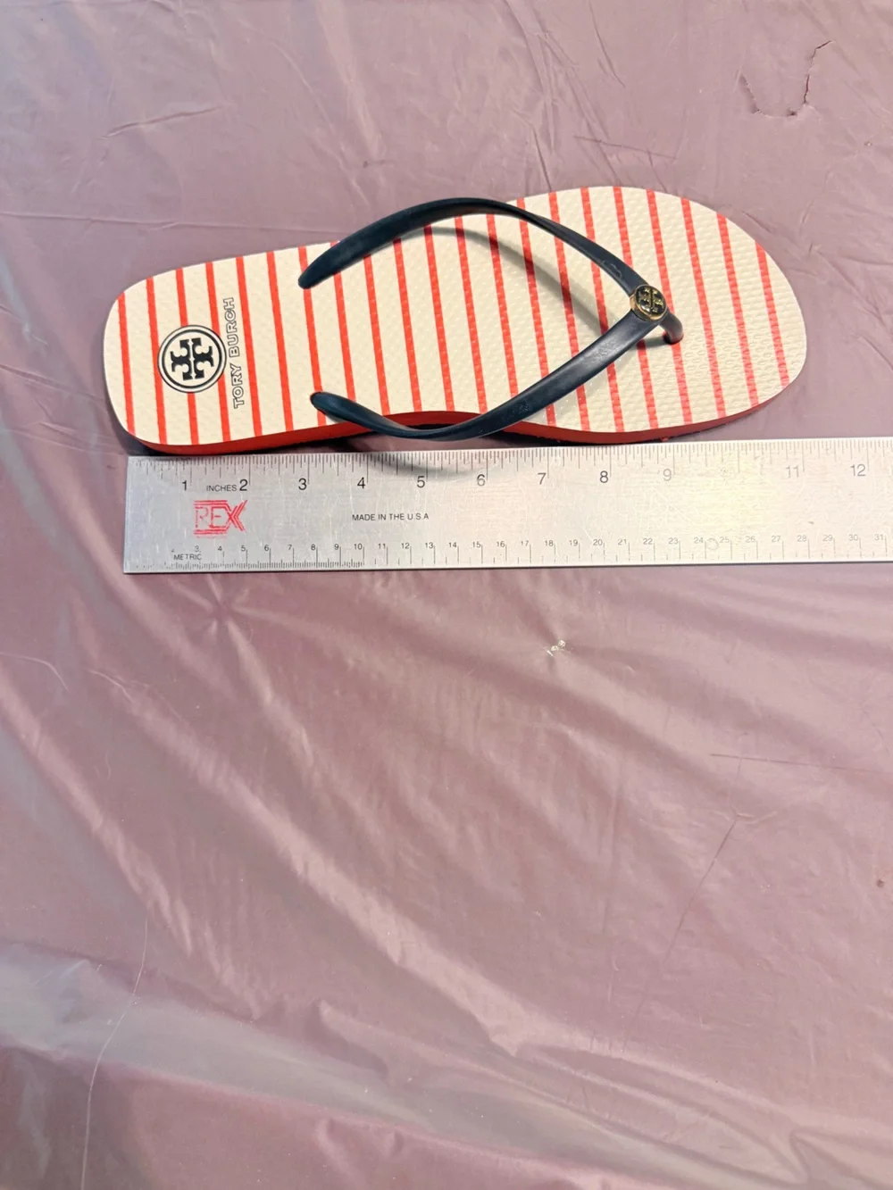 Tory Burch Cream Orange Striped Flip Flop Sandals with Navy Straps Size 11